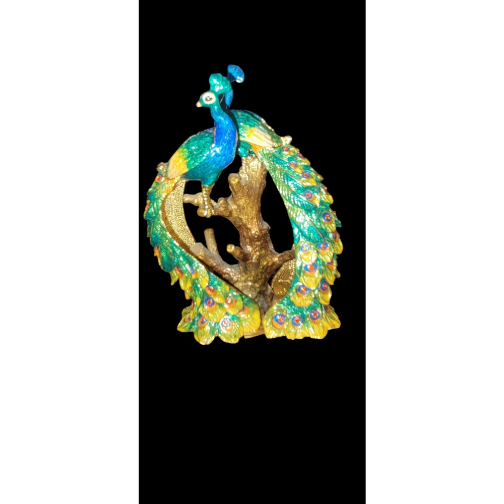 RUCINNI Rare Large Double Peacock Jeweled Enamel Trinket Box 4.5 Inch